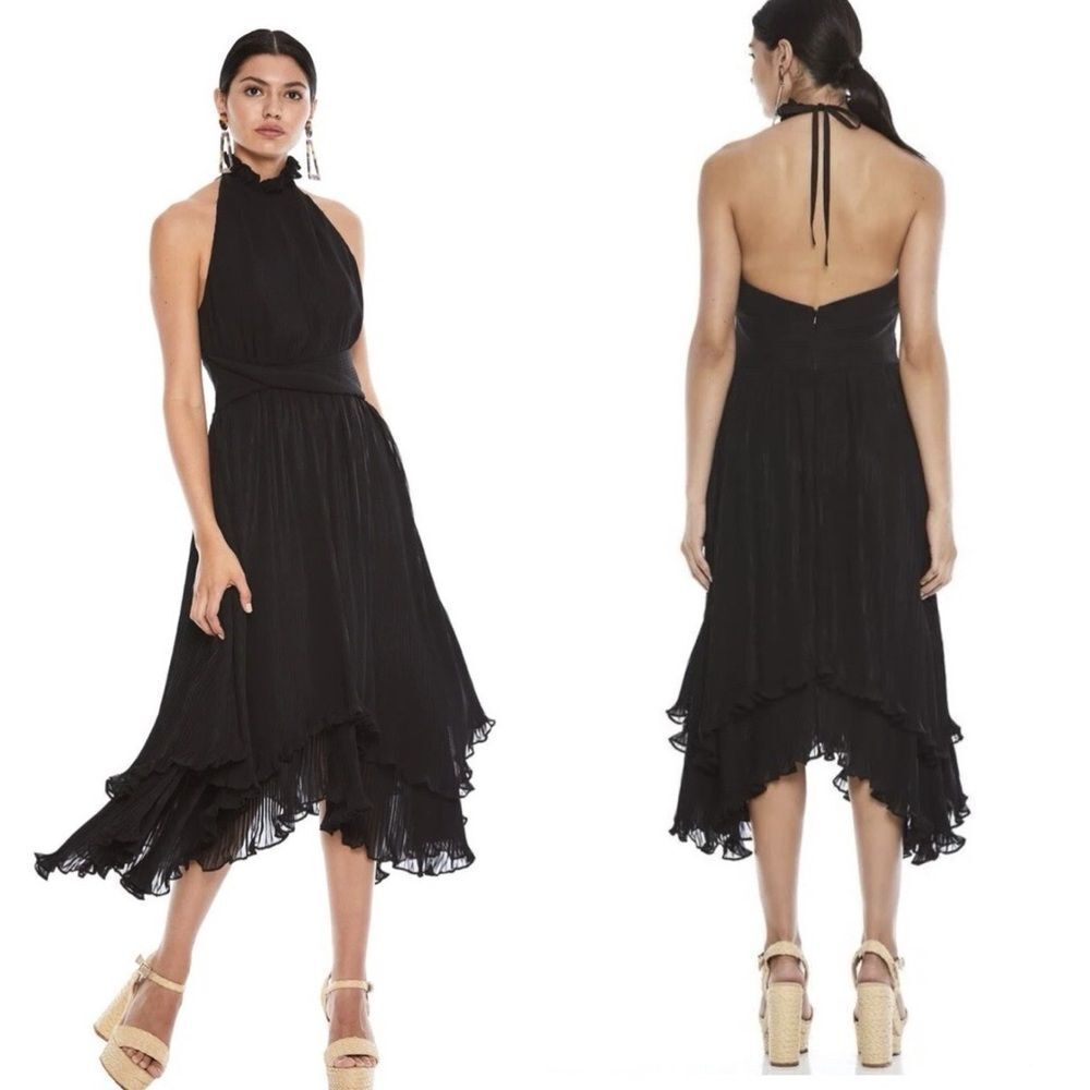 BNWT La Maison Talulah Black Halter Pleated Mystical Midi Dress Sz L Cocktail